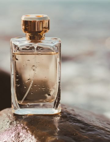 Perfume bottle on the background of the sea Perfume bottle on the background of the sea